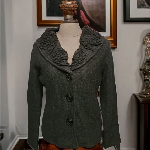 Marisa Christina Boil Wool Black Floral Neck Design Jacket Size Petite Small - Picture 1 of 9